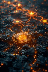 Poster - Glowing Bitcoin Coin on Digital Circuit Board with Bright Connections and Nodes