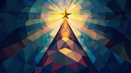 Wall Mural - abstract christmas tree made of triangles and circles in flat design, featuring a golden star on top