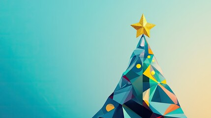 Wall Mural - abstract christmas tree made of triangles and circles in flat design, featuring a golden star on top