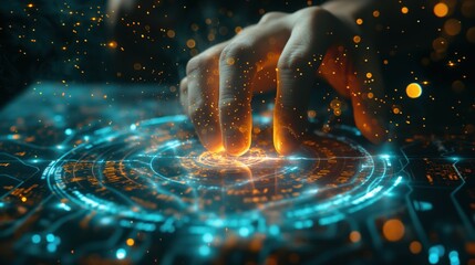 Poster - Futuristic Hand Interacting with Glowing Digital Interface in Dark Space