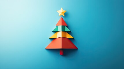 Leinwandbilder - Artistic geometric Christmas tree in minimalist flat design, topped with a star, placed over a calming blue background.