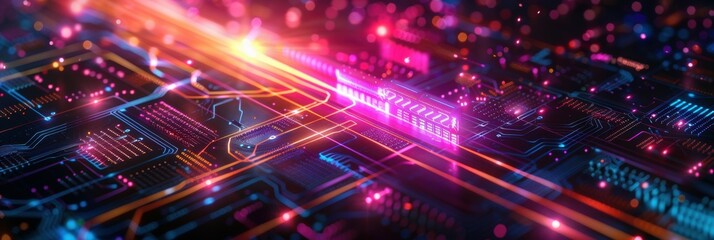 Poster - Colorful Light Over Microchip Displaying AI Technology in Motion