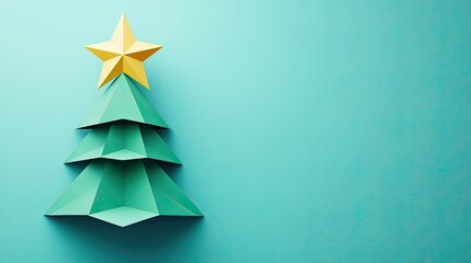 Leinwandbilder - Artistic geometric Christmas tree in minimalist flat design, topped with a star, placed over a calming blue background.