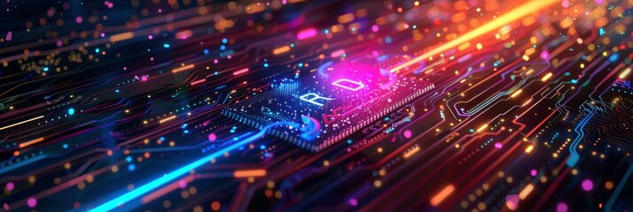 Poster - Colorful Microchip with Light Patterns and AI Word Representation