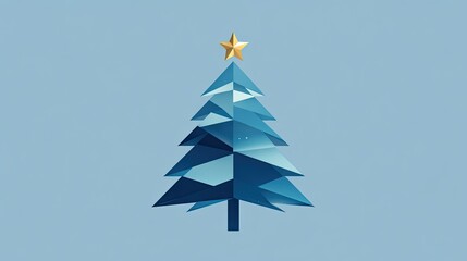 Leinwandbilder - Artistic geometric Christmas tree in minimalist flat design, topped with a star, placed over a calming blue background.
