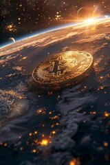 Poster - Bitcoin Soars Through Space in Photorealistic Visual Representation