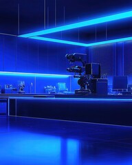 Poster - Futuristic laboratory interior with blue neon light and equipment