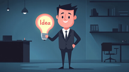 Wall Mural - Businessman in sharp suit holding glowing light bulb in modern office environment