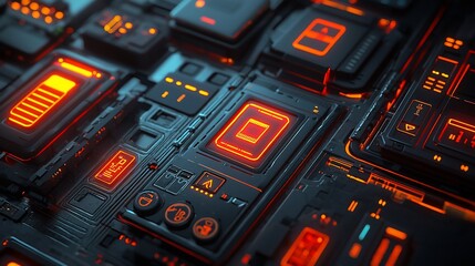 Poster - Close-up of futuristic technology circuit board with glowing orange components.