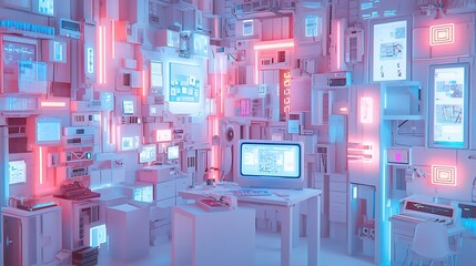 Poster - Futuristic room filled with technology and glowing neon lights.