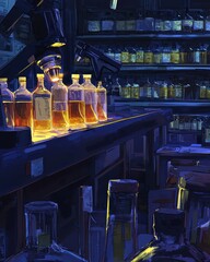 Poster - Glowing Bottles in a Dark Laboratory with Shelves of Liquid
