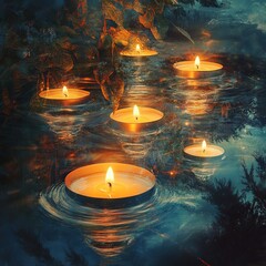 Wall Mural - A group of candles floating on water with a blue sky in the background. The candles are lit and the water is calm. The scene gives off a peaceful and serene atmosphere