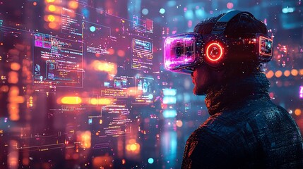 Poster - Person wearing VR headset, exploring futuristic digital interface.