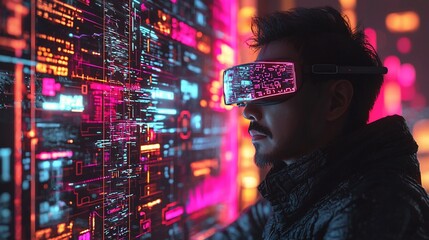 Poster - Man wearing VR glasses, analyzing data on a large screen.