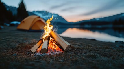 Wall Mural - campfire camp concept. a serene campsite by the lake with a warm campfire glowing at dusk, inviting 