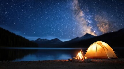 Wall Mural - campfire camp concept. a serene camping scene by a lake under a starry night sky with a glowing tent