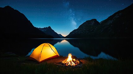 Wall Mural - campfire camp concept. a serene campsite with a glowing tent and a warm campfire by a tranquil lake 