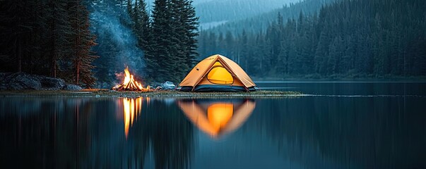 Wall Mural - campfire camp concept. a serene camping scene by a lake with a glowing tent and crackling campfire.