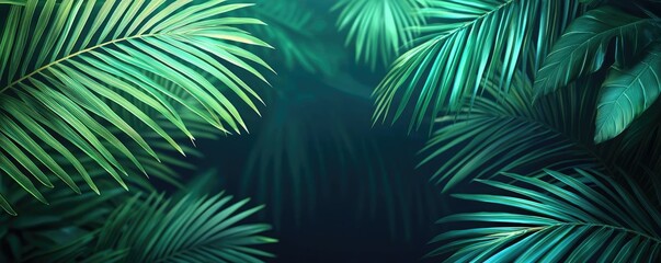Poster - Greenery palms idea. Lush green palm leaves creating a serene, tropical atmosphere in a dense foliage background.