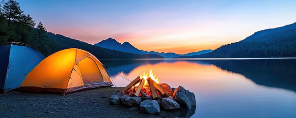 Wall Mural - campfire camp concept. a serene camping scene by the lake at sunset with a glowing tent and campfire