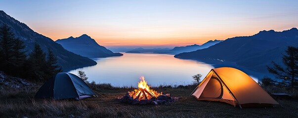 Wall Mural - campfire camp concept. enjoying a tranquil evening by the lake with campfire and tents under a color