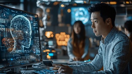 Poster - Focused programmer working on AI brain interface.