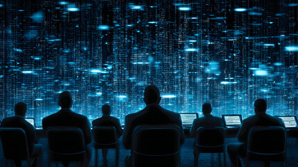 Poster - Silhouetted figures in front of a digital data stream create a futuristic technology scene
