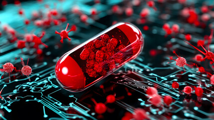 Poster - Vibrant red capsule on a circuit board, surrounded by digital representations of viruses
