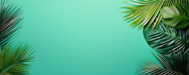Fototapete - Greenery palms idea. Fresh green leaves on a vibrant teal background for a serene botanical feel.