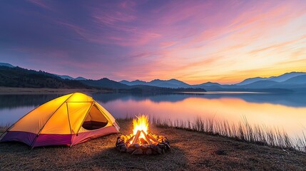 Wall Mural - campfire camp concept. a serene camping scene with a glowing tent and campfire by a tranquil lake at