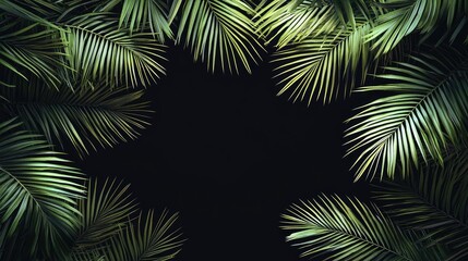 Poster - Greenery palms idea. Lush green palm leaves frame a dark background, creating a tropical atmosphere.