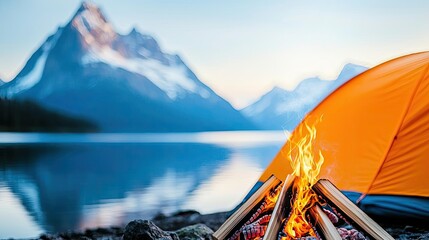 Wall Mural - campfire camp concept. a serene camping scene by the lake with a glowing campfire and majestic mount