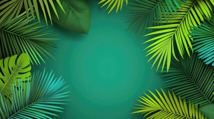 Poster - Greenery palms idea. Vibrant tropical leaves with a calming green background, perfect for nature-themed designs.