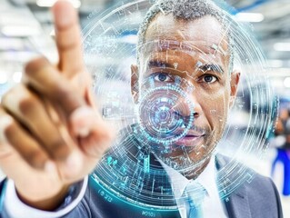 Fototapete - Businessman Using Futuristic Touchscreen Interface in Office Setting