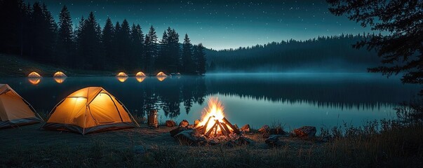 Wall Mural - campfire camp concept. a tranquil camping scene by a lake with glowing tents and a warm campfire.