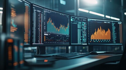 Poster - Financial Trading Desk with Charts and Data Displayed on Monitors