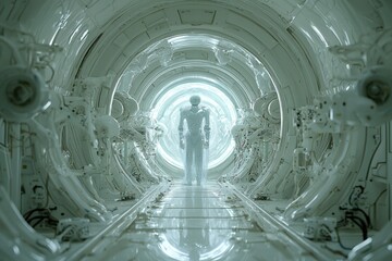 Poster - Futuristic Corridor with a Humanoid Figure in a Sci-Fi Environment