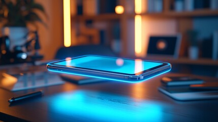 Poster - Futuristic levitating phone on desk.