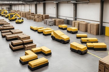 Poster - Automated warehouse with yellow vehicles transporting boxes and pallets