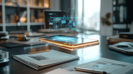 Poster - Futuristic smartphone levitating above desk displaying digital data.