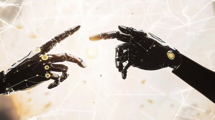 Poster - Futuristic AI Machine Learning Concept with Robotic Hands Touching