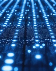 Fototapete - Glowing LED Lights on Digital Circuit Board Background in Blue