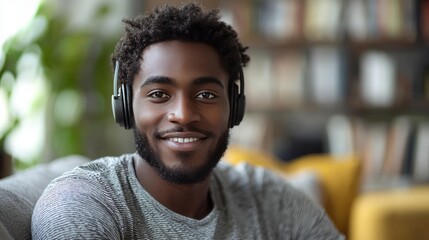 Wall Mural - Virtual training. Smiling man in headphones sit on sofa