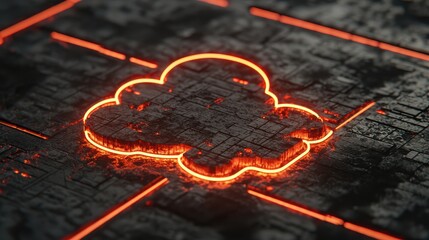 Poster - Abstract Cloud Symbol in Bright Neon Glow on Dark Textured Surface