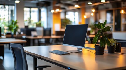 Poster - Modern Office Space with Plants and Abstract Light Effects