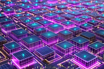 Poster - Futuristic Digital Cityscape with Neon Lights and Technology Grid