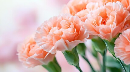 Poster - Pastel floral concept. Delicate peach carnations blooming beautifully in soft focus, perfect for any floral design.