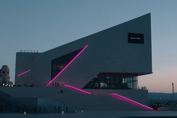 Poster - Modern Architectural Design of a Building with Neon Lights at Dusk