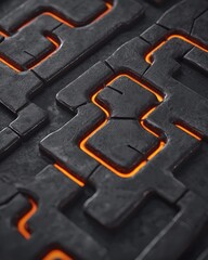 Poster - Dark Metallic Textures with Glowing Orange Lines and Patterns