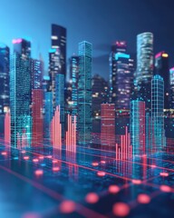 Poster - Futuristic Cityscape with Data Visualization and Skyline at Night